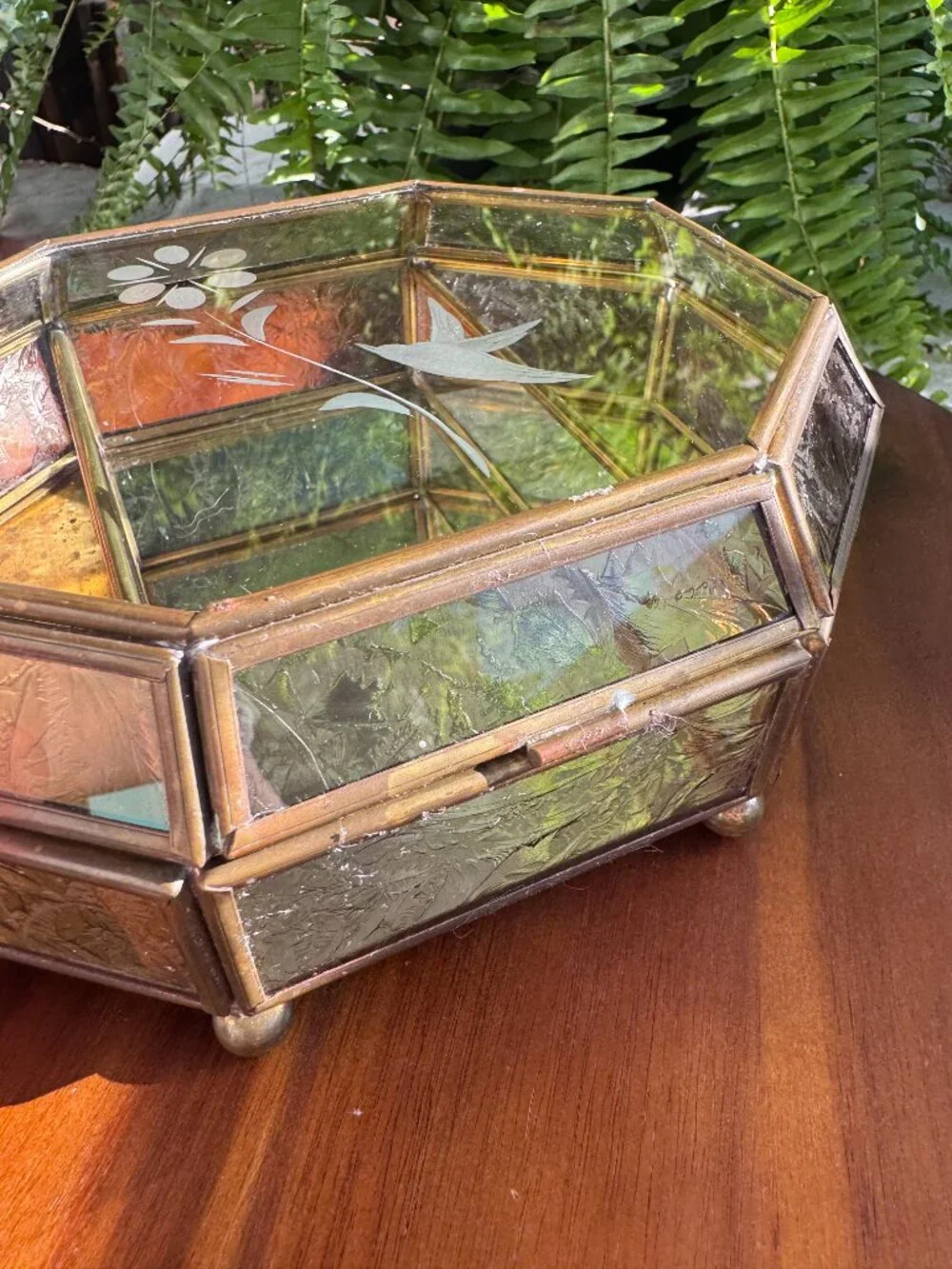 Vintage Etched Glass & Brass Jewellery Box – Hummingbird & Floral Design
